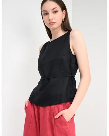 Bluza din in fara maneci cu cordon, Negru