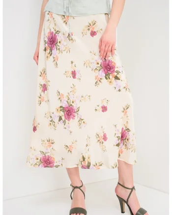Fusta midi cu imprimeu floral, Violet/Roz/Verde feriga/Crem