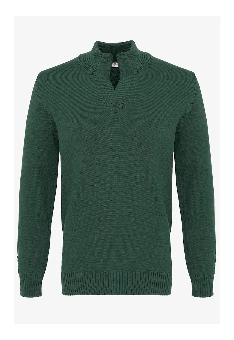 Pulover din bumbac cu model uni, Verde inchis