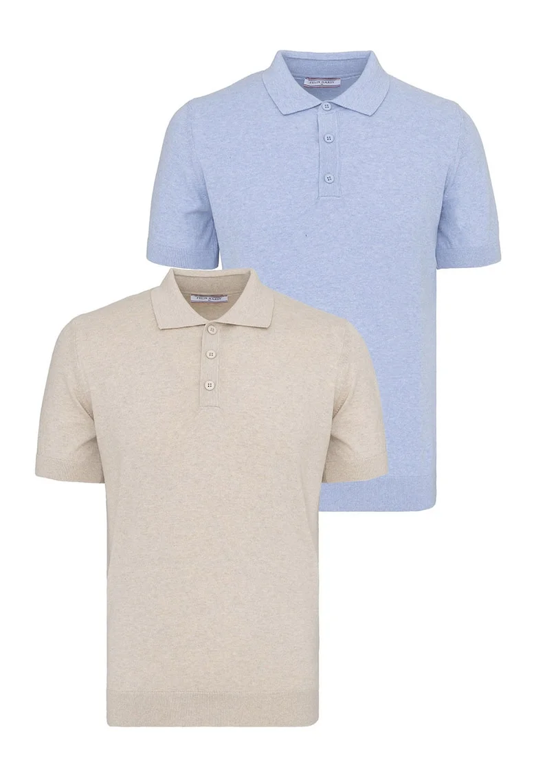 Set de tricouri din bumbac cu guler polo - 2 piese, Albastru pastel/Bej