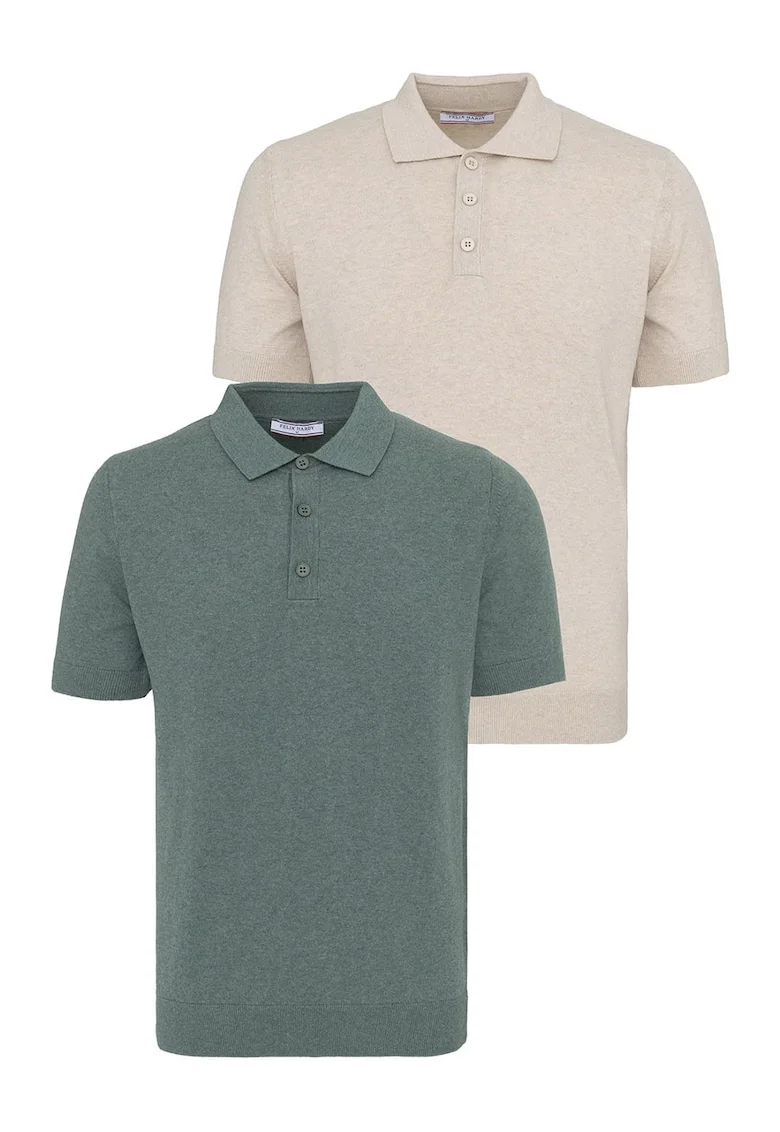 Set de tricouri din bumbac cu guler polo - 2 piese, Verde/Bej