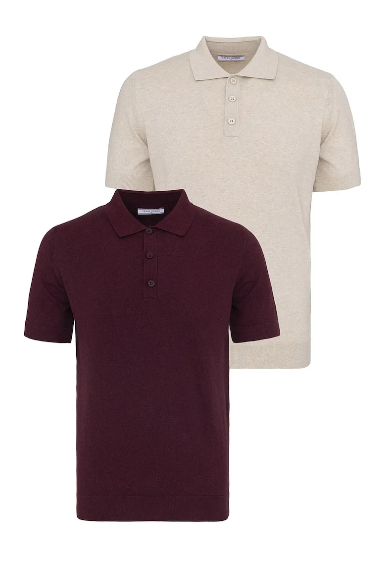Set de tricouri din bumbac cu guler polo - 2 piese, Visiniu/Bej