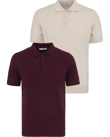 Set de tricouri din bumbac cu guler polo - 2 piese, Visiniu/Bej