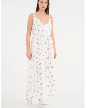 Rochie lunga din bumbac organic cu model si decolteu cache-coeur, Alb/Verde/Roz