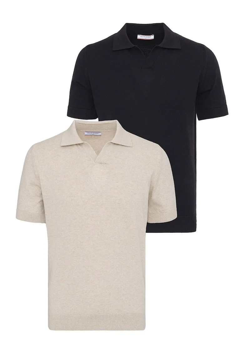 Set de tricouri din bumbac cu guler polo - 2 piese, Negru/Bej