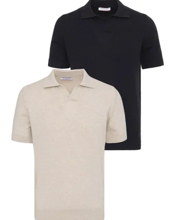 Set de tricouri din bumbac cu guler polo - 2 piese, Negru/Bej