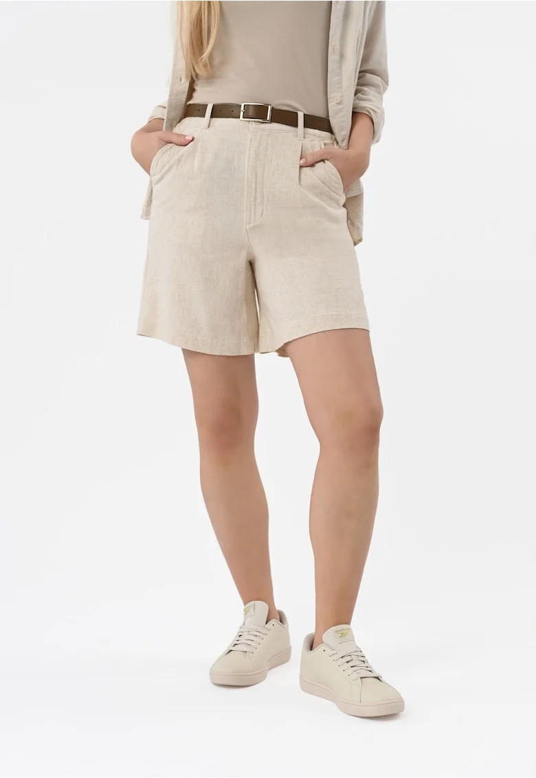 Pantaloni scurti dama din amestec de viscoza si in, cu cordon, croiala lejera, buzunare frontale,  P-Elys, bej, Bej