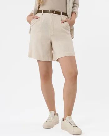 Pantaloni scurti dama din amestec de viscoza si in, cu cordon, croiala lejera, buzunare frontale,  P-Elys, bej, Bej