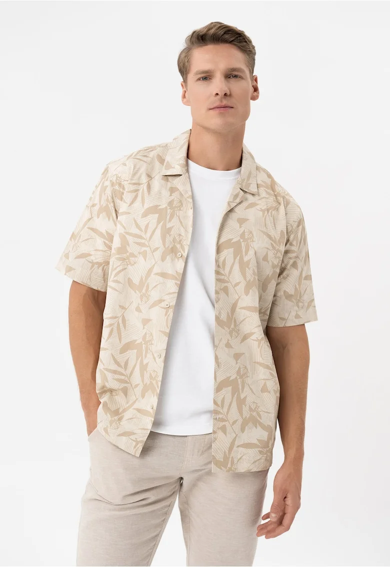 Camasa barbati din bumbac cu model floral, maneci scurte, Comfort Fit,  C-Stim, bej, Bej