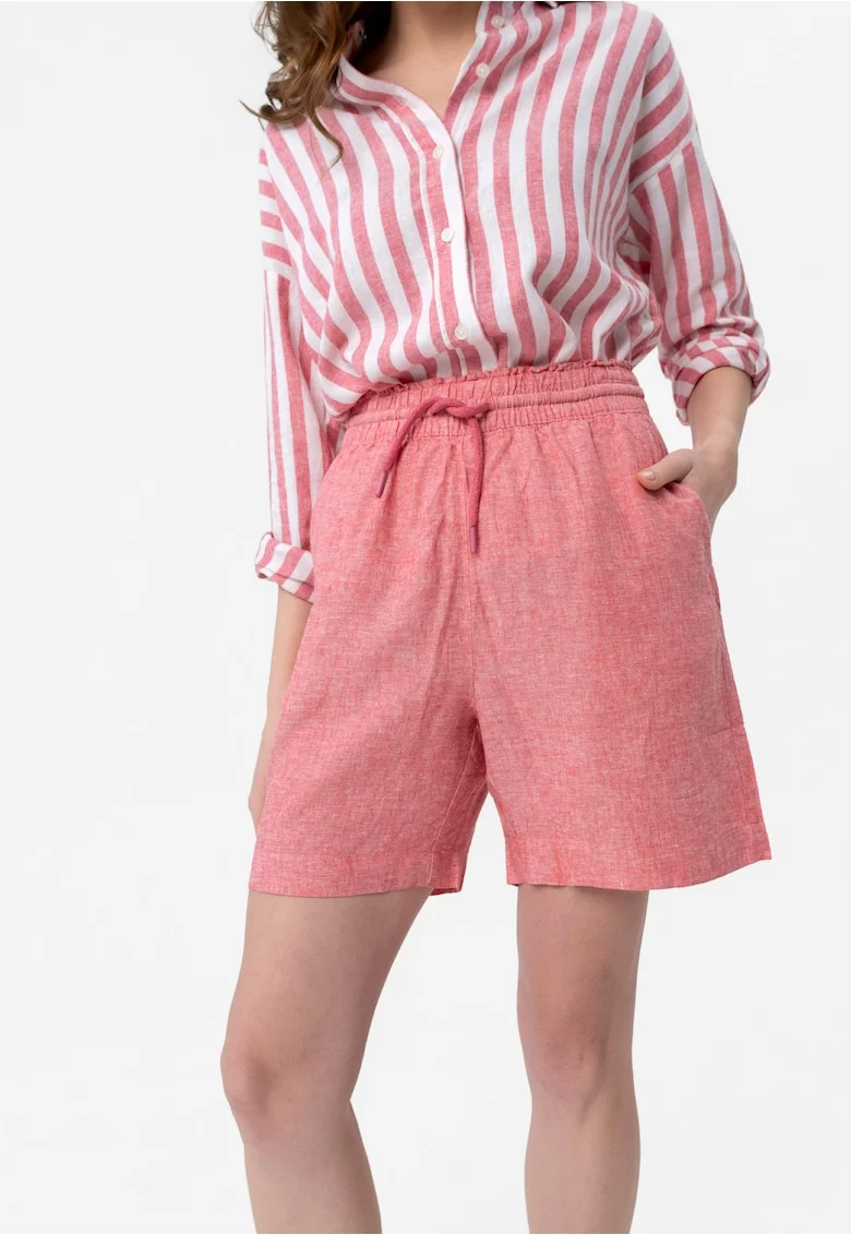 Pantaloni scurti dama din amestec de in si viscoza, talie elastica cu snur, buzunare frontale, Relaxed Fit,  P-Media, roz, Roz