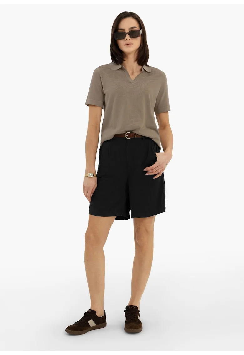 Pantaloni scurti dama din amestec de viscoza si in, cu cordon, croiala lejera, buzunare frontale,  P-Elys, negru, Negru