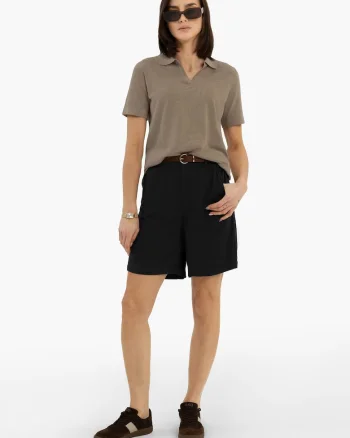 Pantaloni scurti dama din amestec de viscoza si in, cu cordon, croiala lejera, buzunare frontale,  P-Elys, negru, Negru