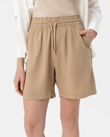 Pantaloni scurti dama din amestec de in si viscoza, talie elastica cu snur, buzunare frontale, Relaxed Fit,  P-Media, bej, Bej