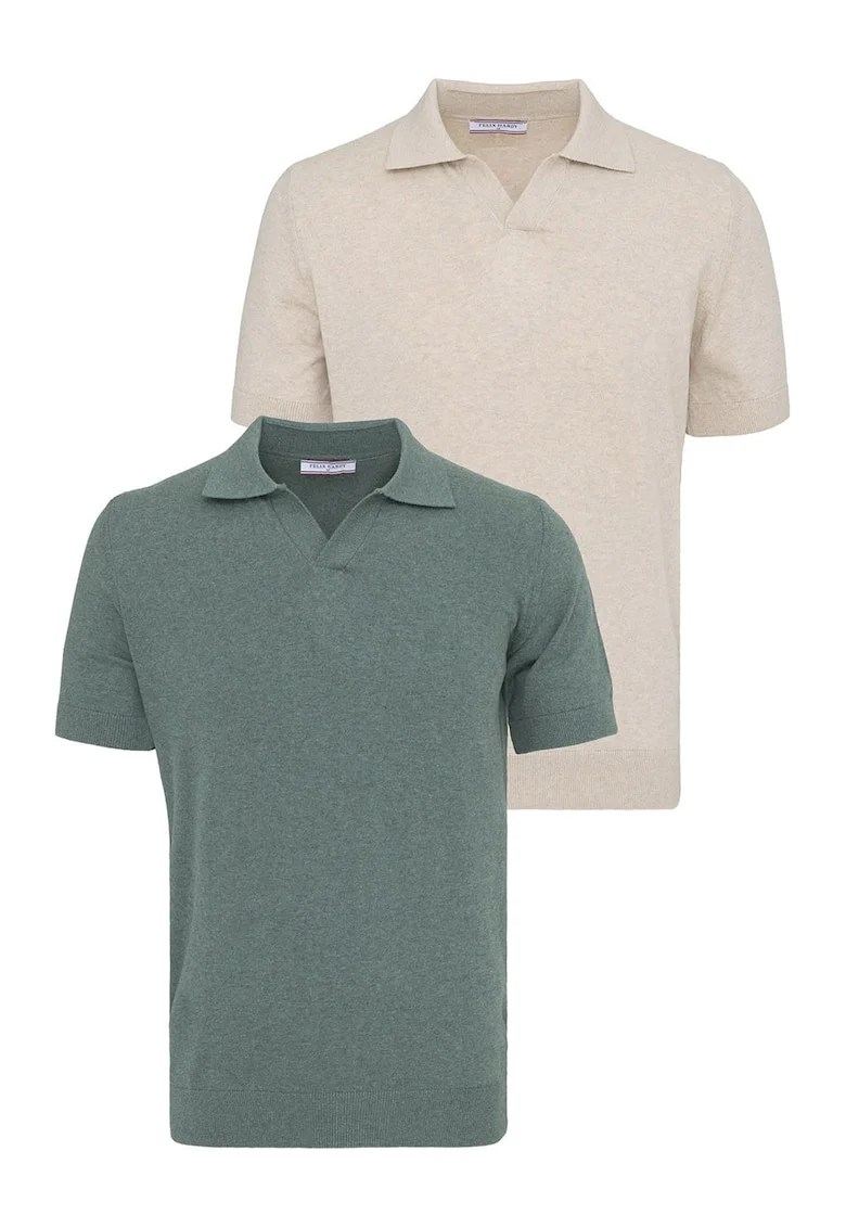 Set de tricouri din bumbac cu guler polo - 2 piese, Verde/Ocru