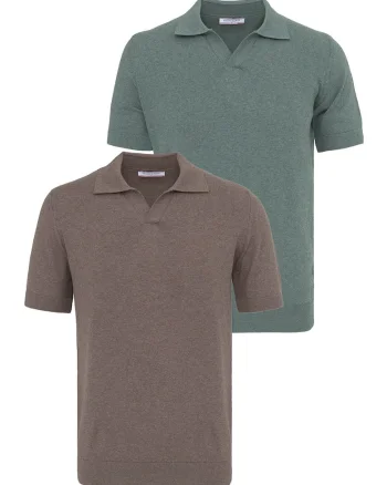 Set de tricouri din bumbac cu guler polo - 2 piese, Verde/Maro