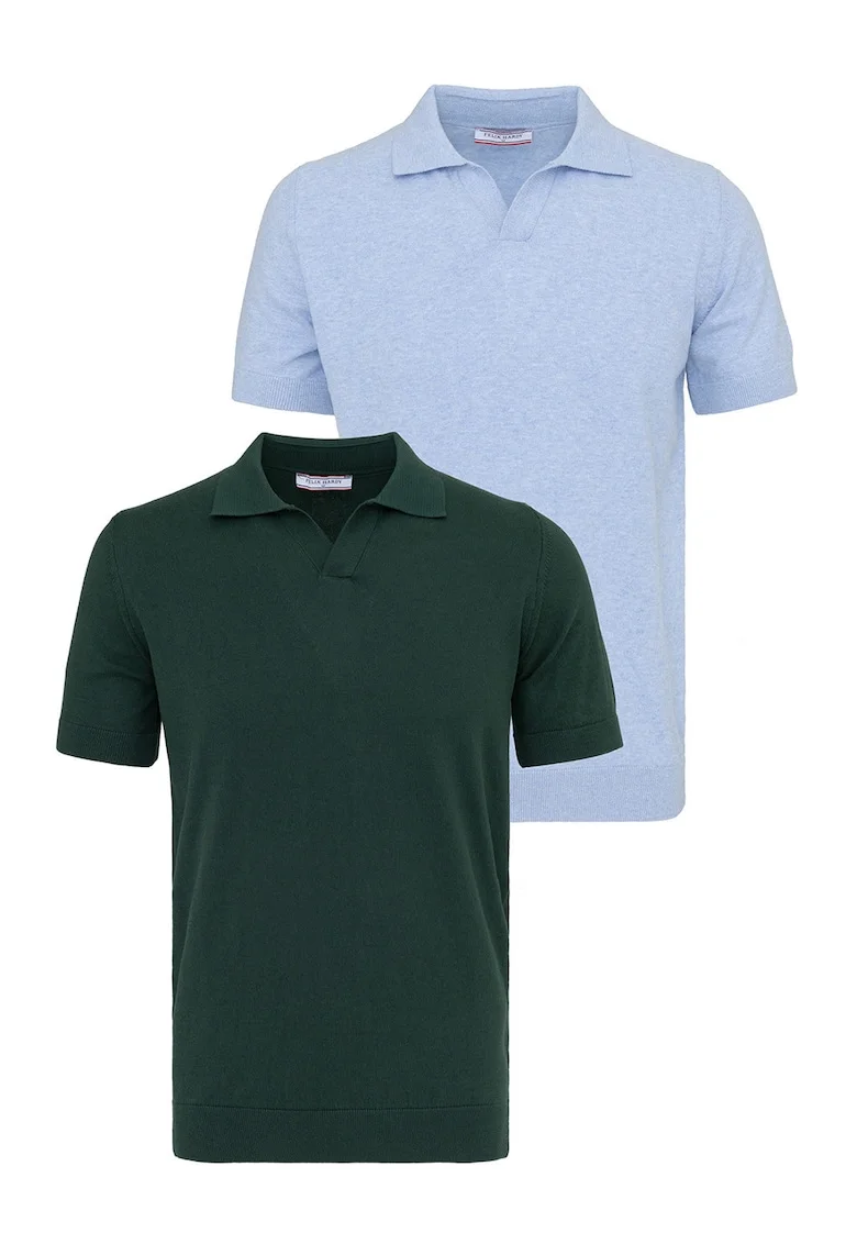 Set de tricouri din bumbac cu guler polo - 2 piese, Albastru pastel/Verde inchis