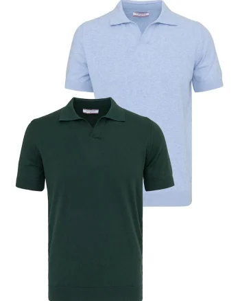 Set de tricouri din bumbac cu guler polo - 2 piese, Albastru pastel/Verde inchis