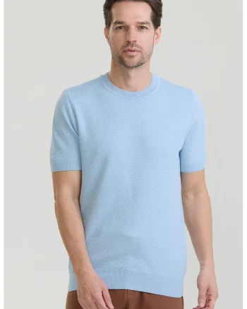 Tricou cu model uni si decolteu la baza gatului, Albastru pastel