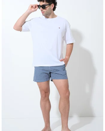Pantaloni scurti de baie cu model si buzunare laterale, Albastru cobalt/Alb murdar