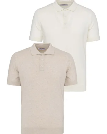 Set de tricouri din bumbac cu guler polo - 2 piese, Alb/Bej