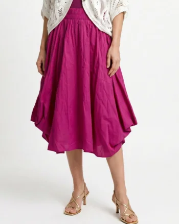 Fusta midi cu colturi, din in mercerizat, fucsia