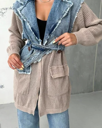 Cardigan lung Violeta, din tricot cu denim si cordon asortat, Bej