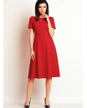 Rochie evazata,  Rosu, midi, maneci scurte, tricot elastic, ofera libertate de miscare, silueta feminina, stil elegant, Rosu