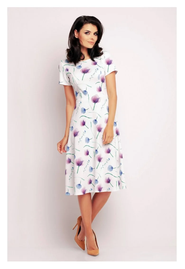 Rochie De Dama,  Model Evazat Tricotat, Imprimeu Floral Violet, 95% Poliester 5% Elastan, Rochie Midi Cu Maneca Scurta, Rochii Elegante De Zi, Tinuta Office Casual, Croiala Clasica, Fabricata In Polonia, Stil Fashion Confortabil, Alb