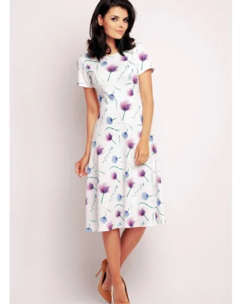 Rochie De Dama,  Model Evazat Tricotat, Imprimeu Floral Violet, 95% Poliester 5% Elastan, Rochie Midi Cu Maneca Scurta, Rochii Elegante De Zi, Tinuta Office Casual, Croiala Clasica, Fabricata In Polonia, Stil Fashion Confortabil, Alb