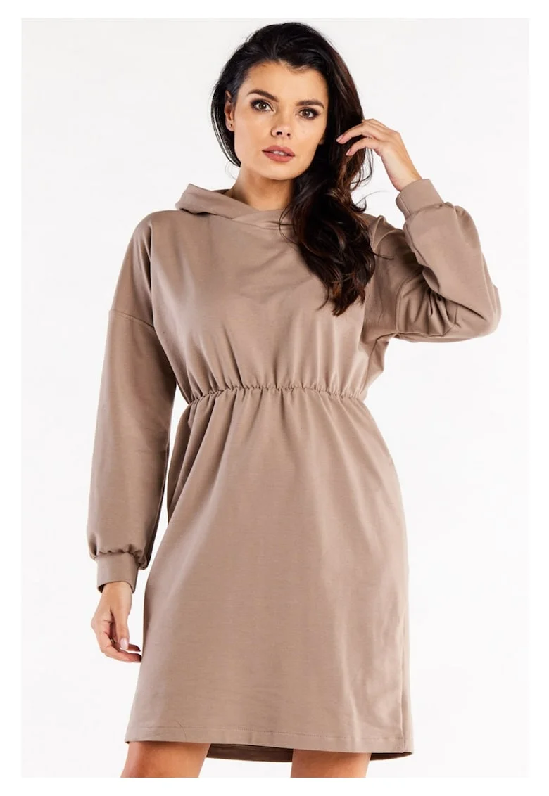 Rochie tip hanorac,  XL, Latte, croiala lejera, volanas pe tiv, maneci bufante decorative, bumbac moale, confort zilnic, stil urban