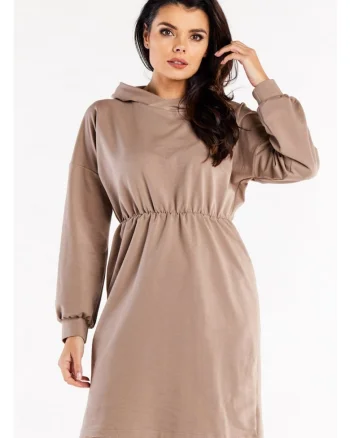 Rochie tip hanorac,  XL, Latte, croiala lejera, volanas pe tiv, maneci bufante decorative, bumbac moale, confort zilnic, stil urban
