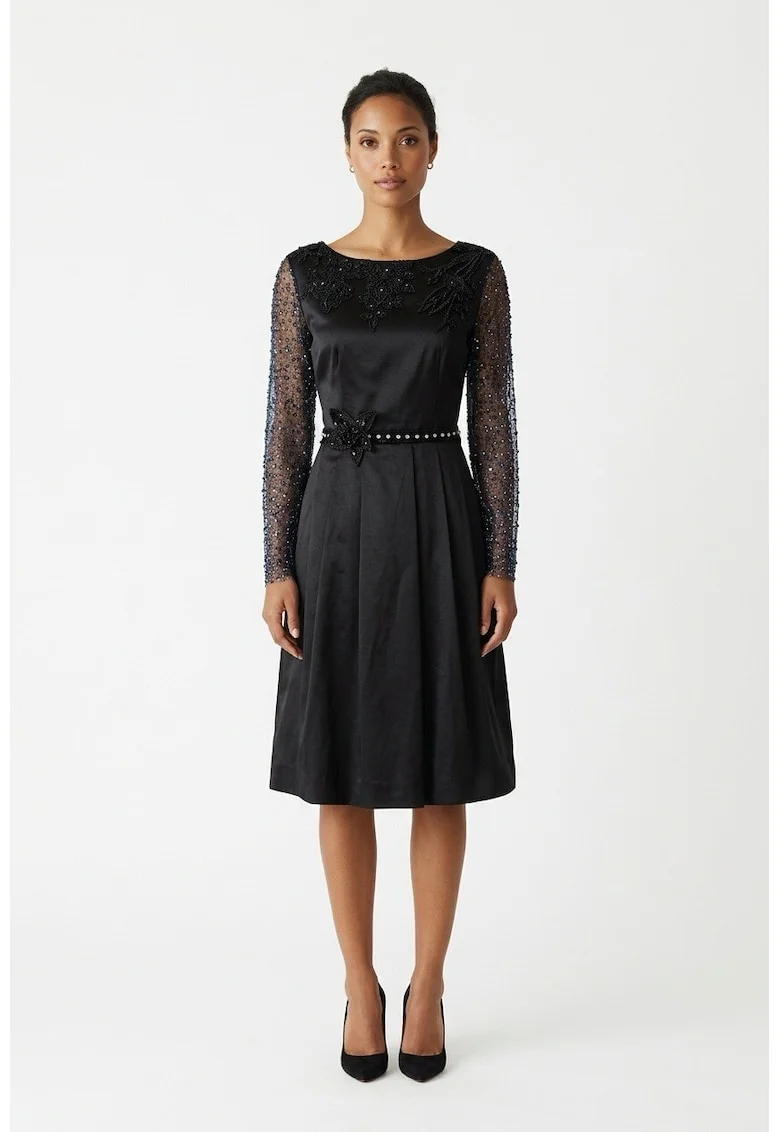 Rochie midi de seara din tafta neagra cu aplicatii din dantela cu margele si perle Meira