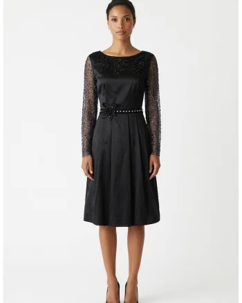 Rochie midi de seara din tafta neagra cu aplicatii din dantela cu margele si perle Meira