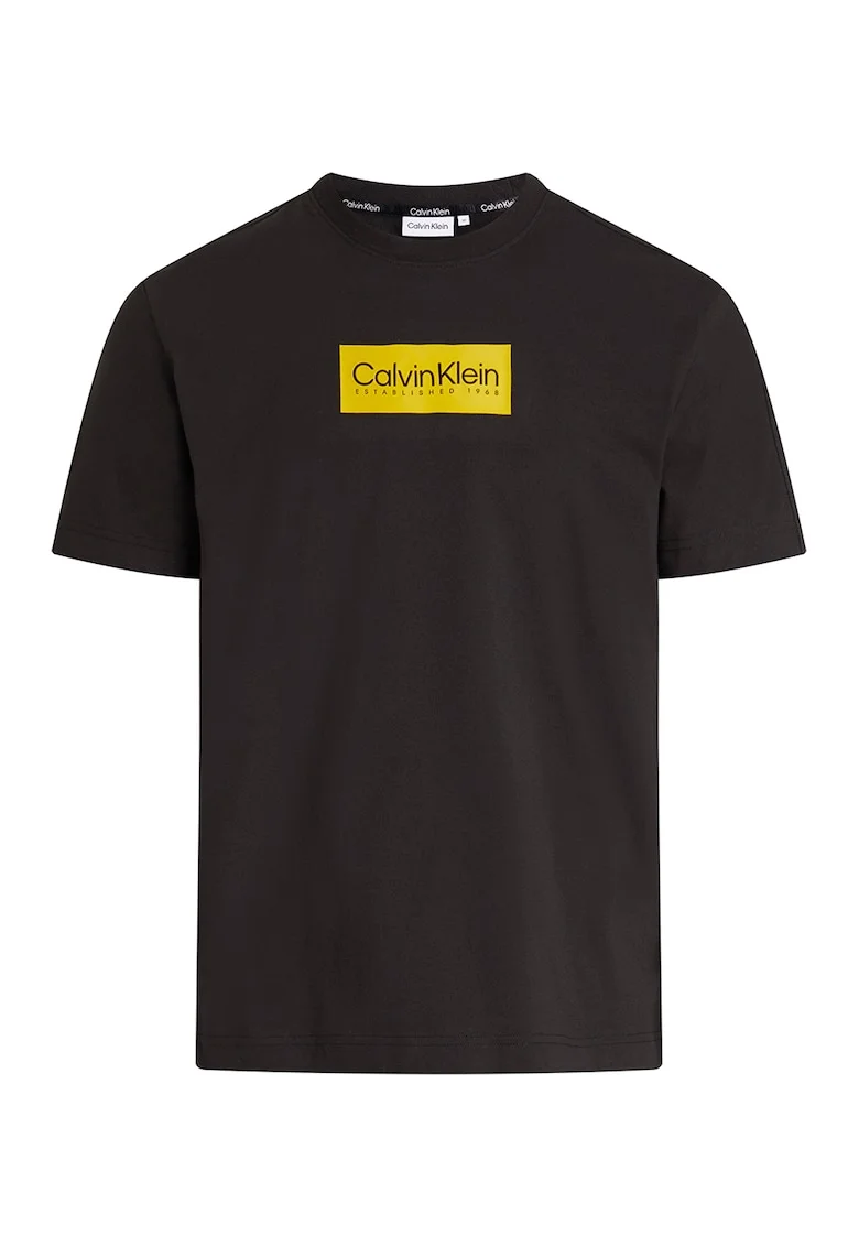Tricou cu decolteu la baza gatului si imprimeu logo, Negru