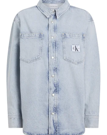 Camasa din denim cu aplicatie logo, Albastru deschis