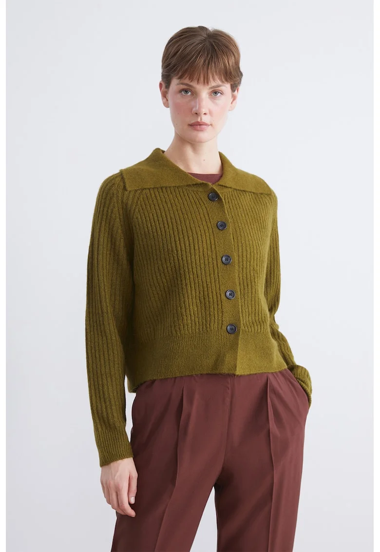 Cardigan tricotat cu guler clasic, Verde masliniu