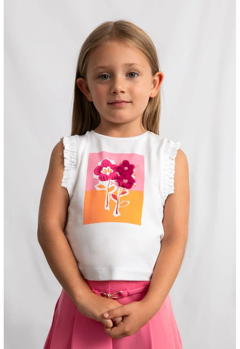 Tricou fara maneci cu volane, Alb/Roz