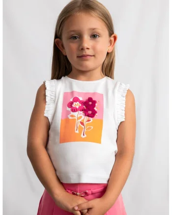 Tricou fara maneci cu volane, Alb/Roz