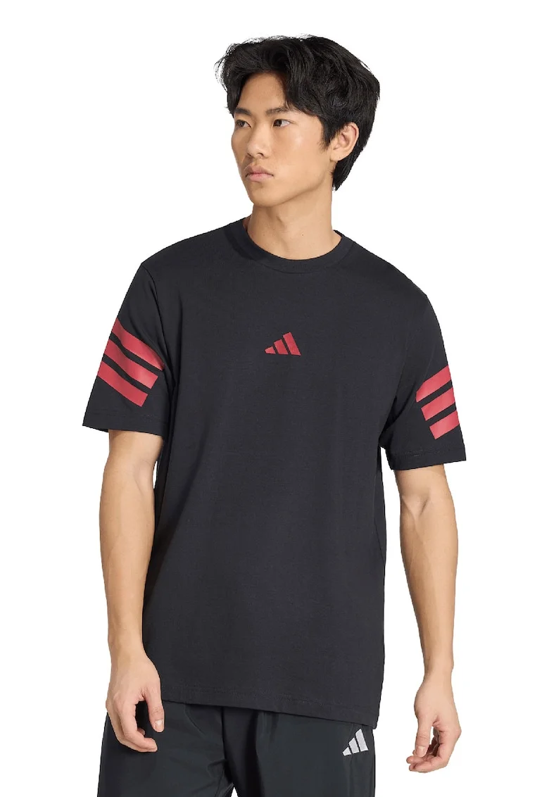 Tricou de bumbac cu decolteu la baza gatului si logo, Rosu/Negru