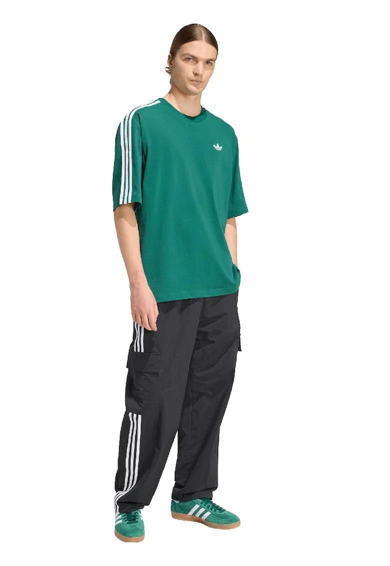 Tricou cu logo discret 3 Stripes, Alb/Verde inchis