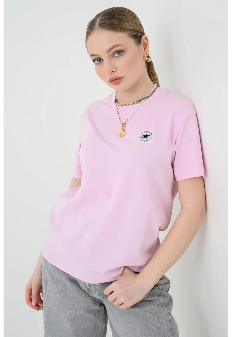 Tricou din amestec de bumbac cu aplicatie logo, Roz