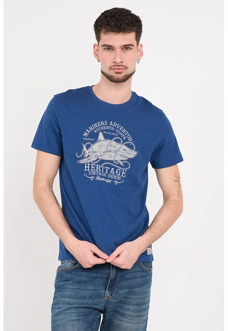 Tricou din bumbac cu design grafic si decolteu la baza gatului, Albastru inchis/Maro taupe deschis