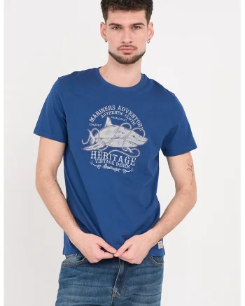 Tricou din bumbac cu design grafic si decolteu la baza gatului, Albastru inchis/Maro taupe deschis