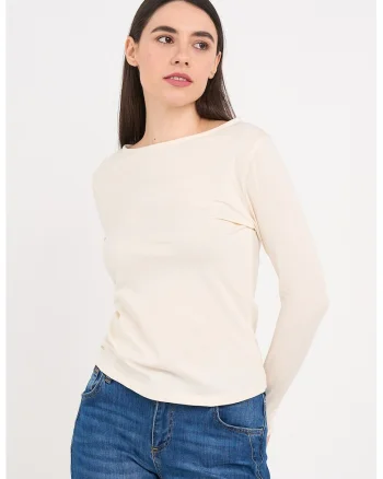 Bluza cu decolteu barcuta si model uni, Alb fildes