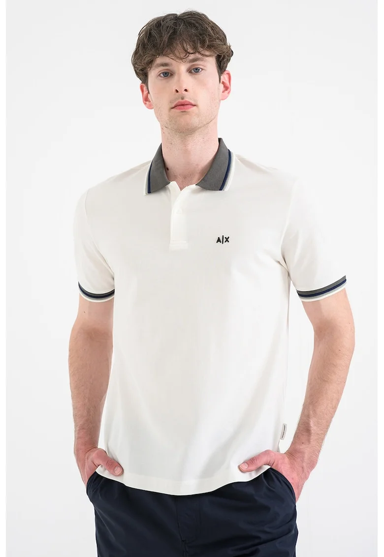 Tricou polo cu logo discret, Alb/Kaki