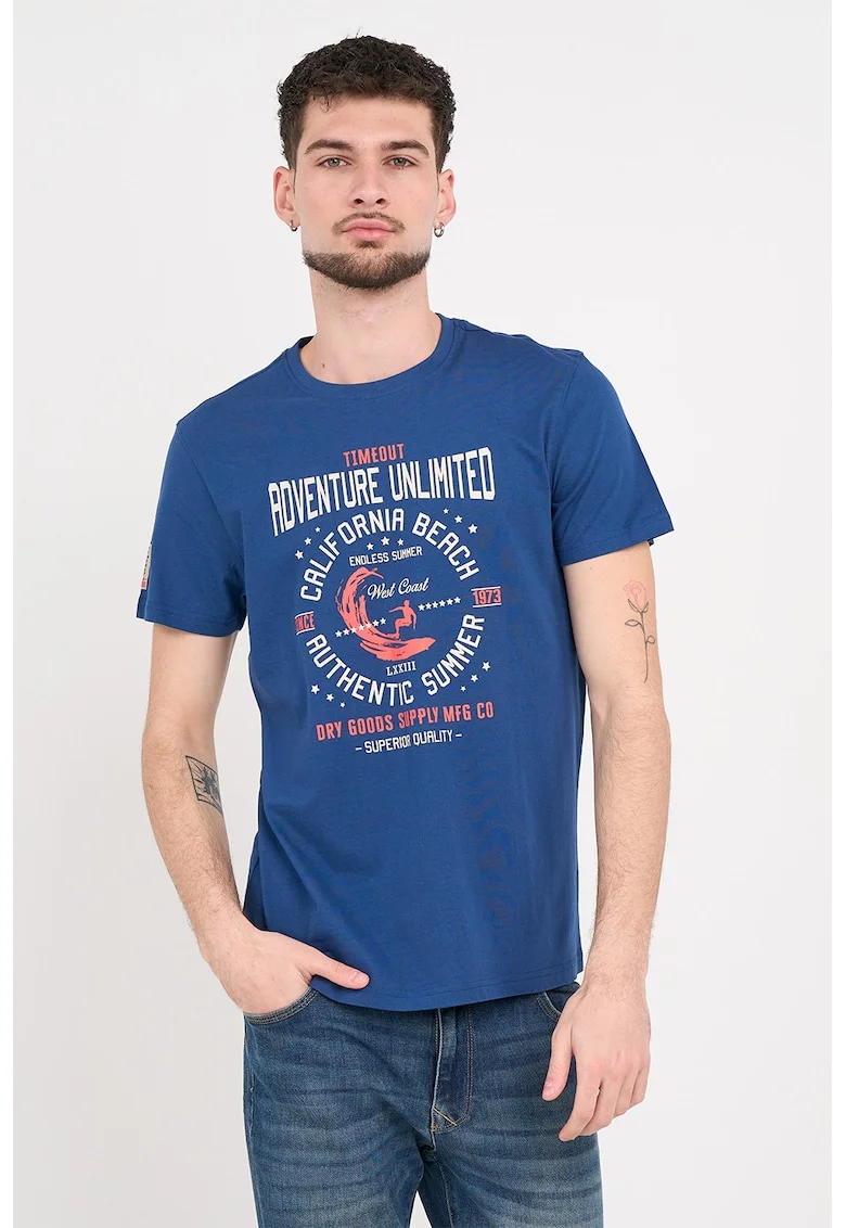 Tricou din bumbac cu imprimeu grafic si text, Alb fildes/Albastru inchis/Coral