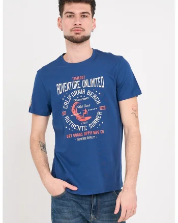 Tricou din bumbac cu imprimeu grafic si text, Alb fildes/Albastru inchis/Coral