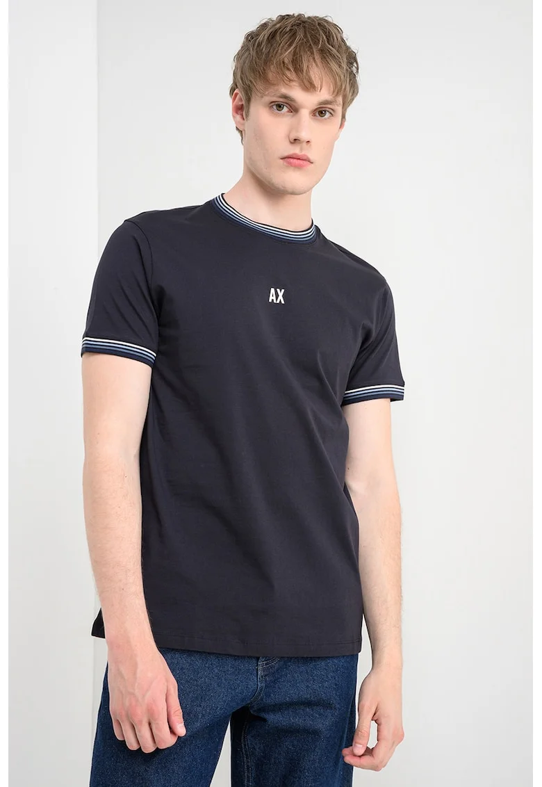 Tricou cu decolteu la baza gatului si garnituri cu dungi, Albastru ultramarin