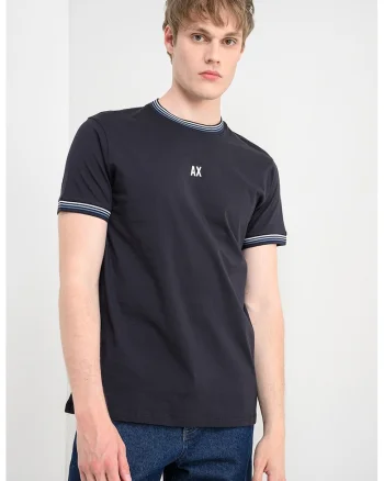 Tricou cu decolteu la baza gatului si garnituri cu dungi, Albastru ultramarin
