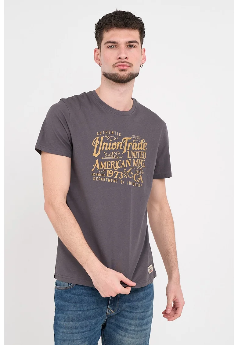 Tricou cu decolteu la baza gatului si imprimeu logo, Portocaliu persan/Gri inchis